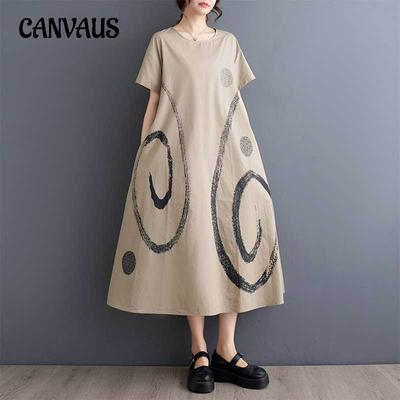 Summer Women's Loose Plus Size Printed Round Neck Mid-Length Literary Vintage Dress