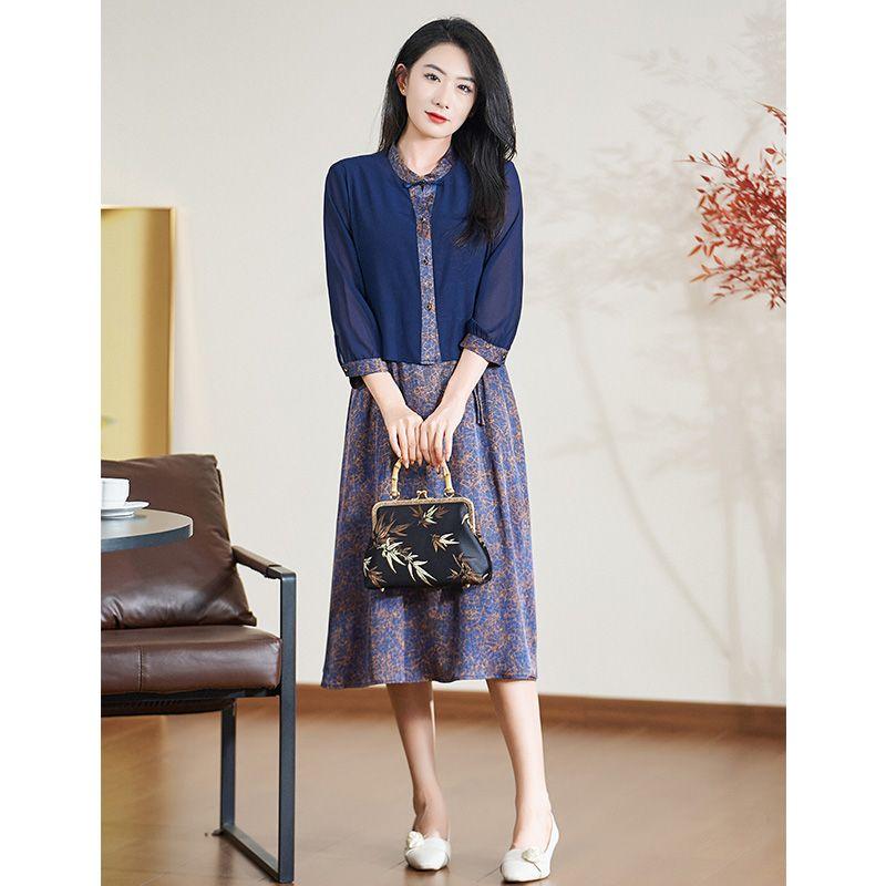 

Dioufu Весна/Лето Новинка Элегантный Элегантный Высокий Стиль Жоржет Топ Мерсеризованный Сатин Принт Комплект из двух предметов Dark blue L