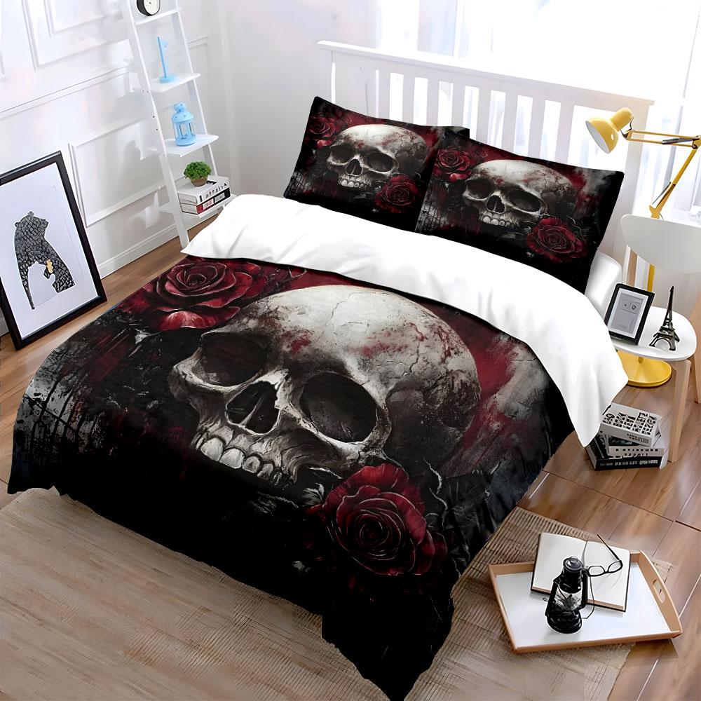 Skull with Red Roses Design Bedding Duvet Cover Set (1*Duvet Cover 2*Pillowcases, without duvet insert)