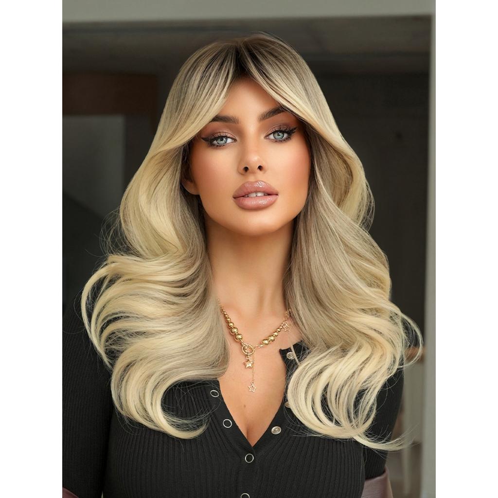 European Style Gradient Gray Medium Long Curly Wig 20 Inch Curtain Bangs Fluffy Heat Resistant Synthetic Wig for Women Daily