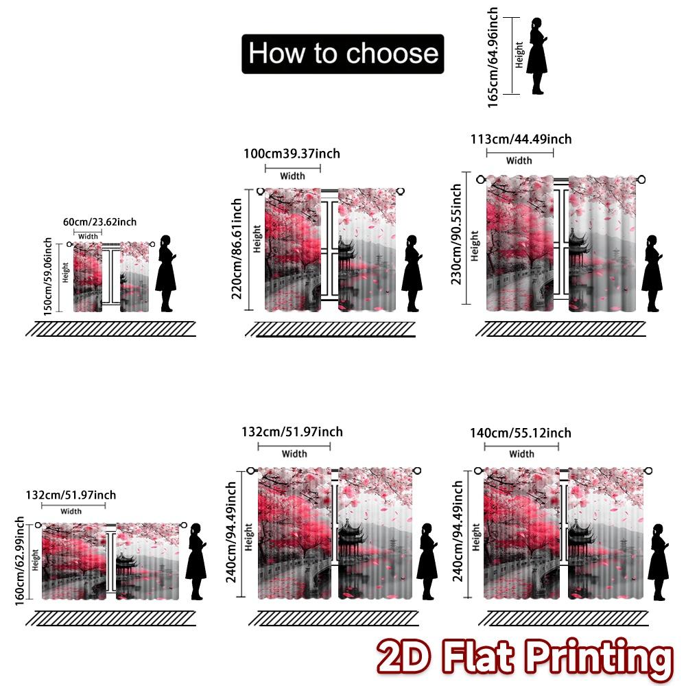 2D flat printing 2pcs Curtain Curtain Spring Cherry Blossom Bridge Digital Printed Polyester Drapes Family Party Use for Indoor