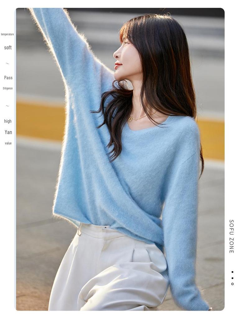 Autumn & Winter 100% Pure Wool V-Neck Loose Women's Knitted Sweater