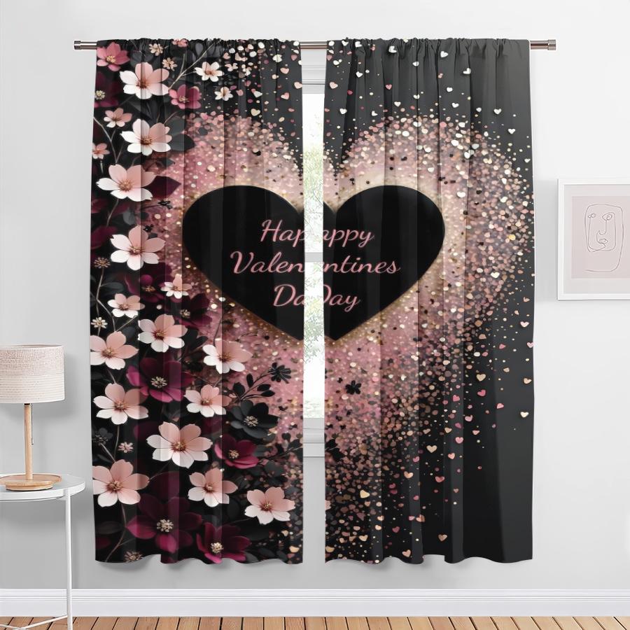 

Set Of 2 Black Pink Rose Love Sparkling Gold Curtains Romantic Style Suitable Bedroom Living Room Pull Up Pocket Curtain Polyester Perfect For Area W100*H70(CM)-Rod Pocket&1PCS