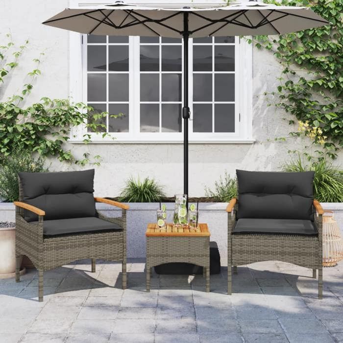 VidaXL Salon de jardin avec coussins 3 pcs gris résine tressée, ensemble de canapés d'extérieur, salon de jardin, ensemble 368405
