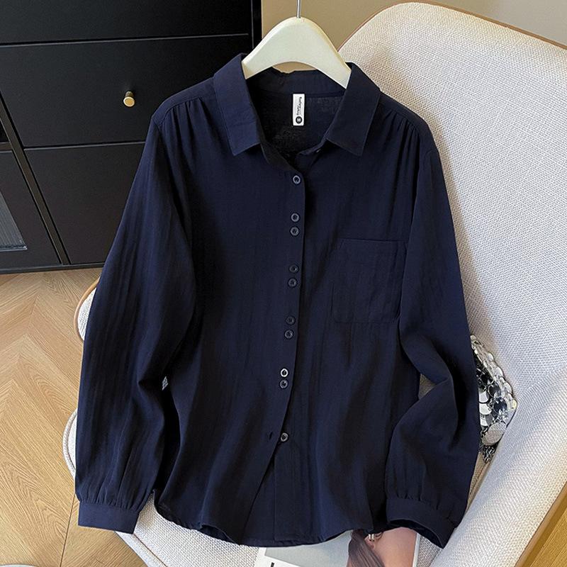 Literary and artistic style double-layer cotton yarn cotton shirt, simple design sense, spring and summer new breathable loose lapel long-sleeved top