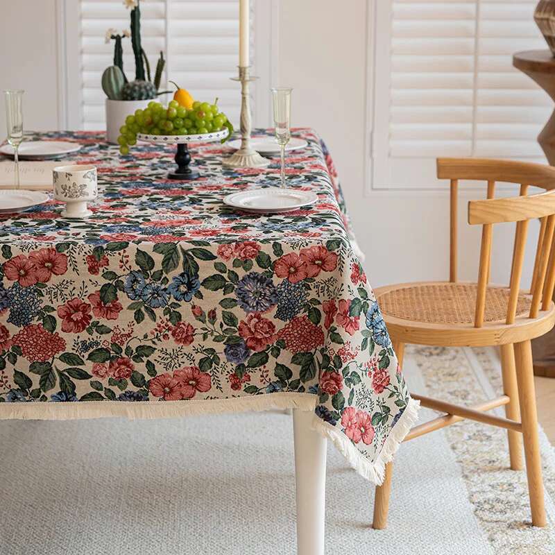 High End Home Floral Countryside Cotton Linen Fabric Tablecloth Rectangular Dining Table Cloth Decorative Cloth