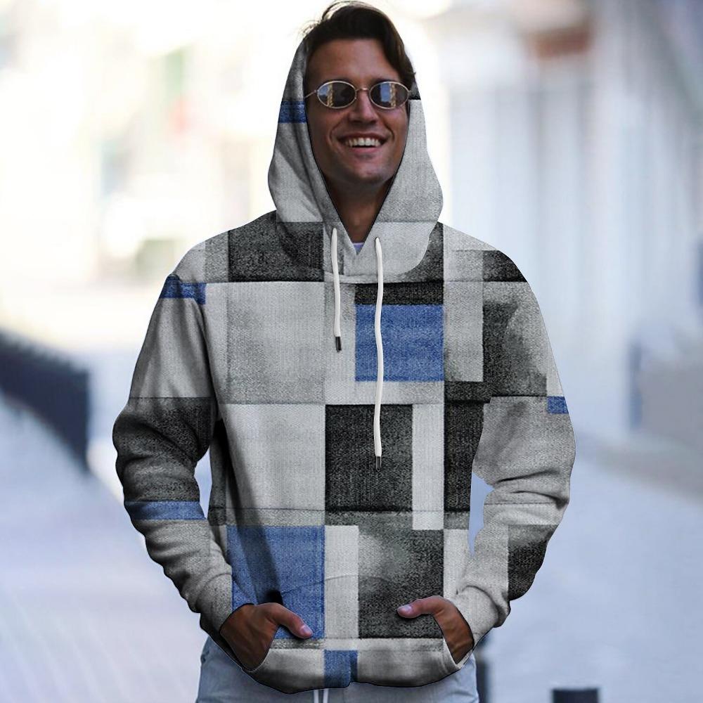 Minimalist Plaid 3D Digital Printed Men's Personalized Trendy Hooded Sweatshirt