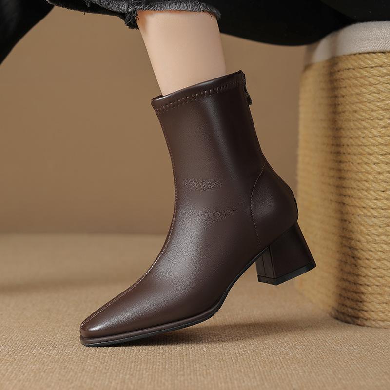 

толстый каблук квадратный носок тонкие ботинки женские средней длины модные простые темпераментные задняя молния осень и зима новые французские из мягкой кожи ботинки Мартин 40
