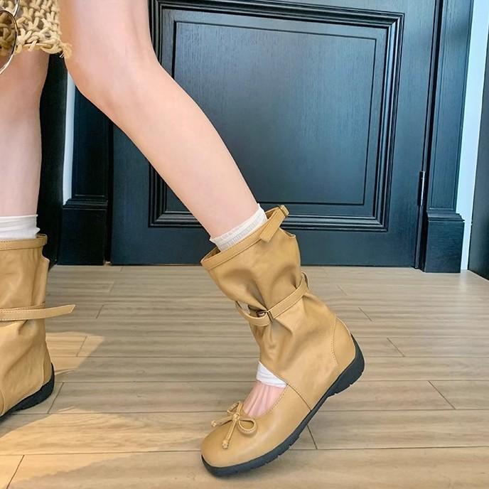 Spot Second Hair! Grape Mother Same Shoes Heightened Square Round Head Bow Shallow Mouth Mary Jane Medium Boots Cool Boots Women