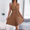 Abito Estivo da Donna Elegante a Vita Alta con Scollo a V Incrociato, Monocolore, Senza Maniche, Allacciatura, Moda, Temperamento, Primavera