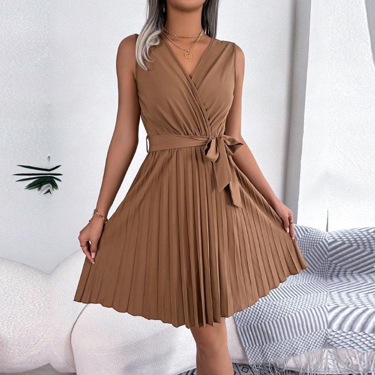 Abito Estivo da Donna Elegante a Vita Alta con Scollo a V Incrociato, Monocolore, Senza Maniche, Allacciatura, Moda, Temperamento, Primavera