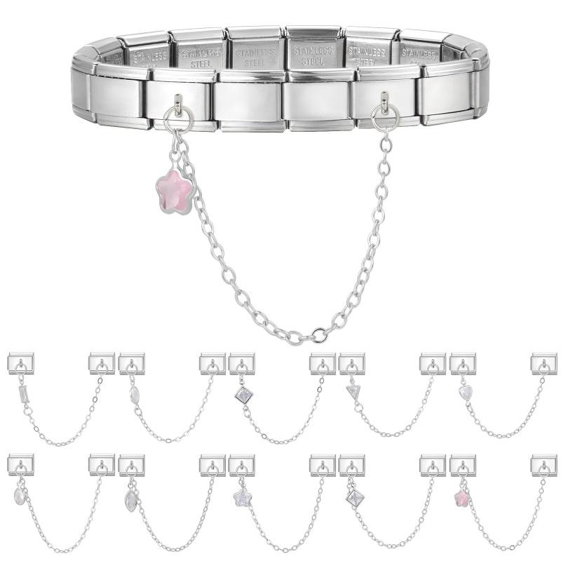 Fashion Leaves Flowers Heart Crystal Chain Tassel Charm Link Fit 9mm Stainless Steel Bracelet DIY Making Valentine's Day Gifts