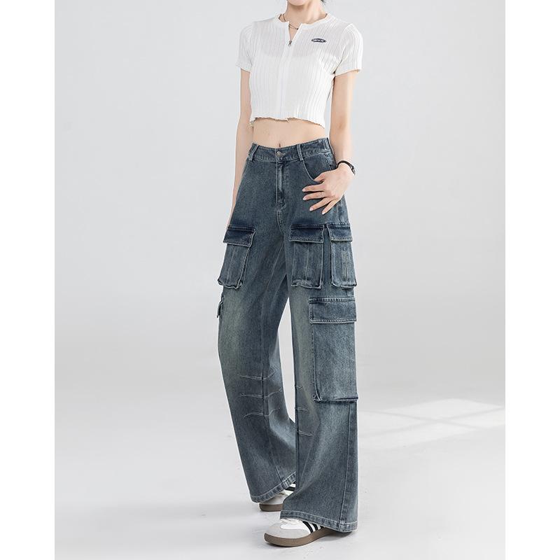 

Джинсы рабочие женские с несколькими карманами, дизайн в стиле хай-стрит, новые, ретро, старые брюки 2XL