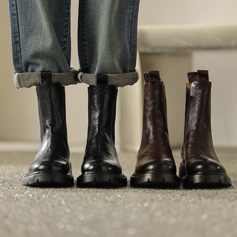 Krazing Pot Cow Leather Autumn Winter Shoes Round Toe Platform Plus Size Basic Clothing Thick Med Heels Slip On Chelsea Boots Women Ankle Boots