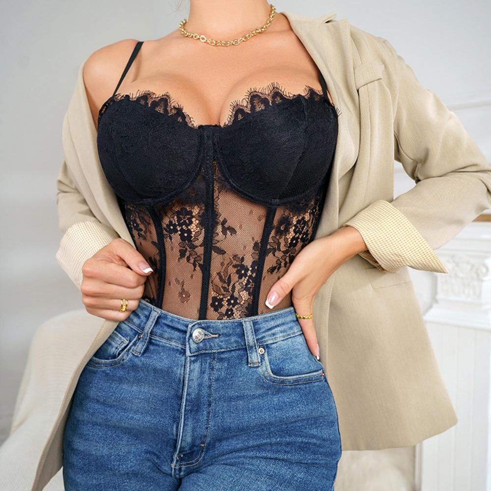 Back Chest Buckle Lace Corset Fish Bone Wrapped Suspender Vest Lace Camisole  Party