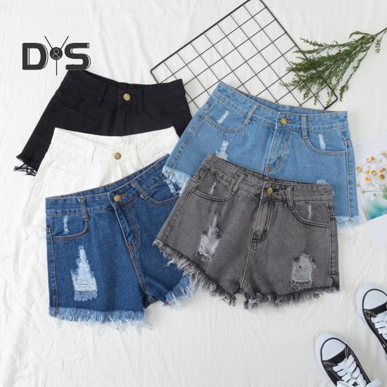 Women Denim Shorts Ripped Hole High Waist Button Zipper Closure Loose Fit A-line Plus Size Pockets Short Jeans Lady Dating Beach Shorts
