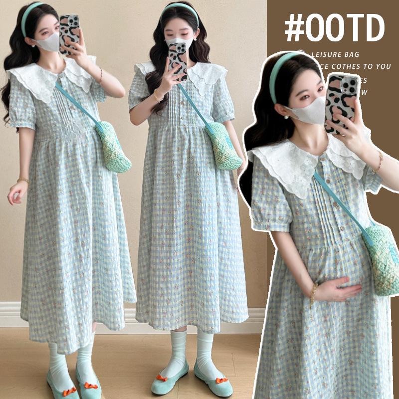 Maternity Summer Plaid Floral Dress with Doll Collar - Korean Style Over-the-Knee Skirt Large