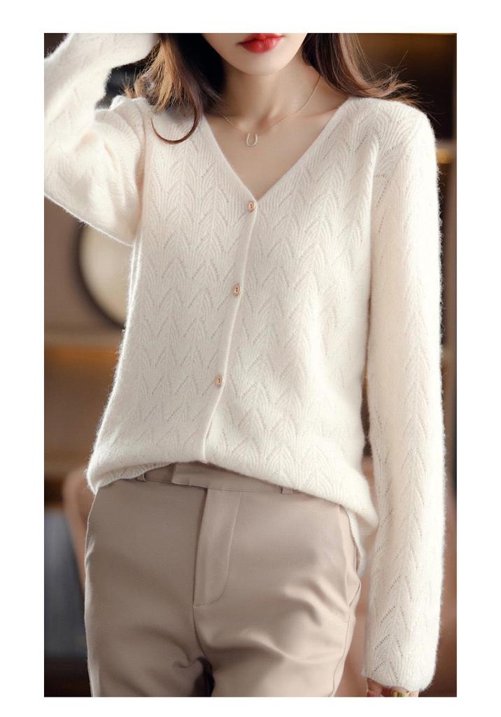 Women's Stylish V-neck Pure Wool Cardigan, Autumn/Winter Loose Knit Outerwear, Thickened Sweater Coat