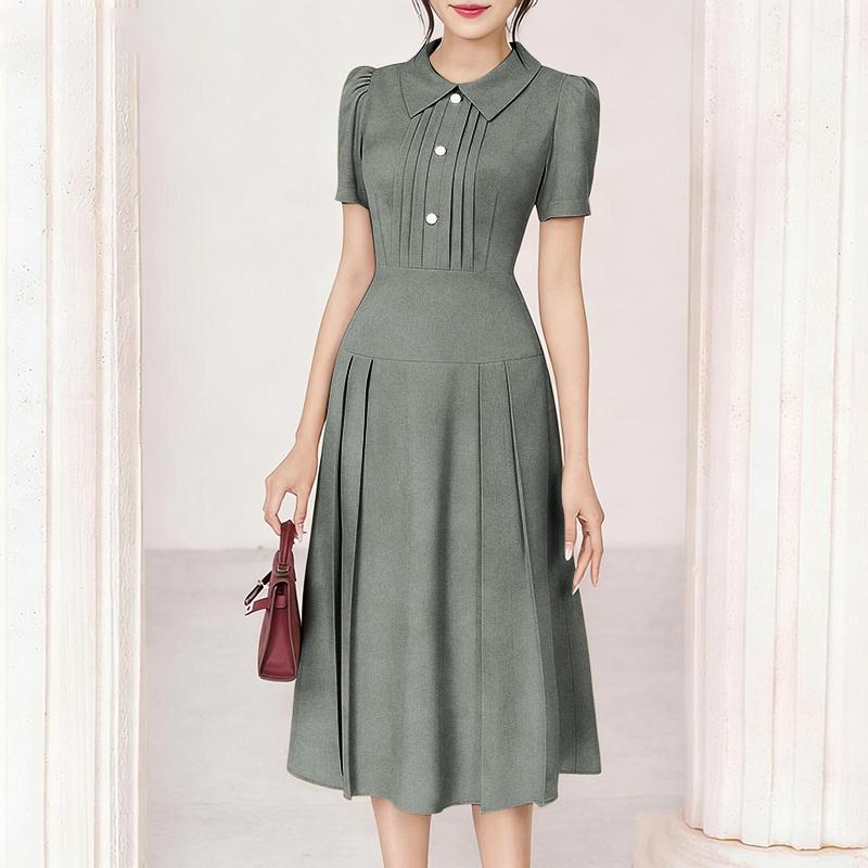 

ZANZEA Womens Casual Lapel Collar Solid Color Short Sleeve Elegant A-line Dress 2XL