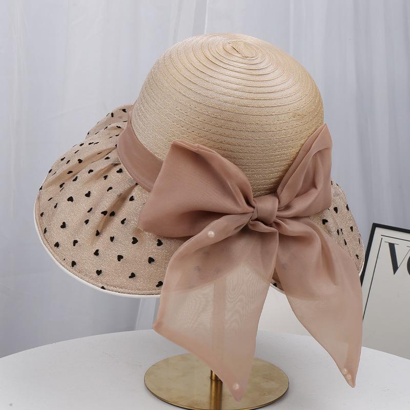 Spring and summer new mesh hat women's temperament elegant travel sun protection sun hat polka dot bow bucket hat