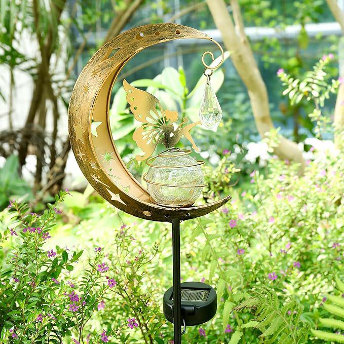 Hollow Moon Angel Solar Garden Pendant Light - Wrought Iron, Waterproof for Outdoor Lawn