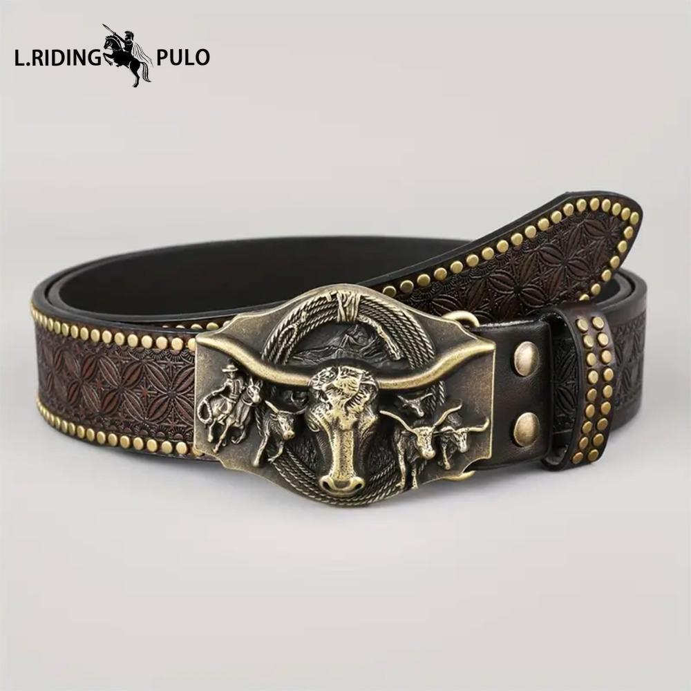 Cintura Western in Denim Tendenza Retro Gioventù Punk Rilievo Uomo Borchie Pelle Cintura
