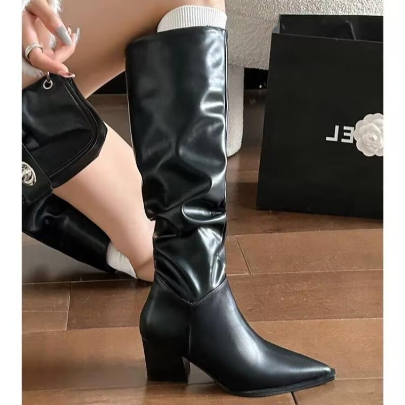 Nuovo Stile Stivali da Donna Punta Tonda Effetto Pieghettato Mezza Gamba Colore Castagna con Tacco Grosso Stivali da Cowboy Popolari Taglia Grande Zapatos Mujer