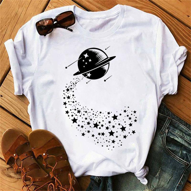 Maycaur Woman Star Moon Print Harajuku Summer Tshirts Casual Round Neck Short Slee Top Tee Shirt Women Black T-shirt Drop Ship