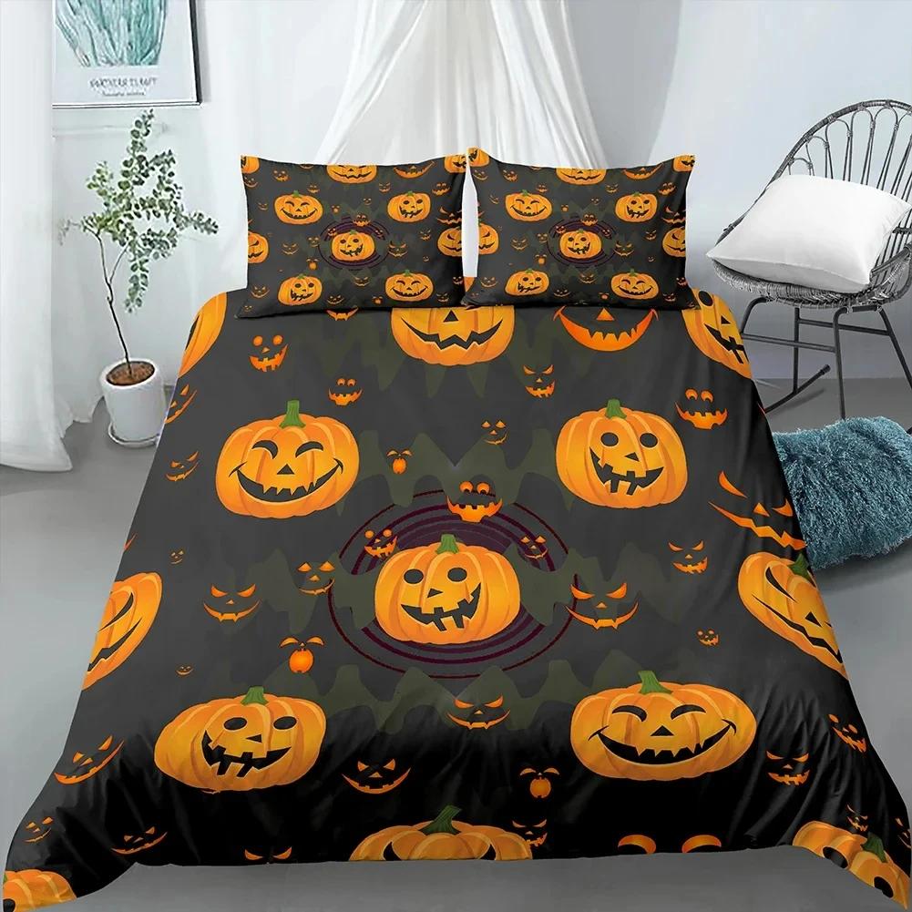 Happy Halloween King Queen Duvet Cover Orange Pumpkin Bedding Set Boys Teens Adults Bats Horror Festival Polyester Quilt Cover