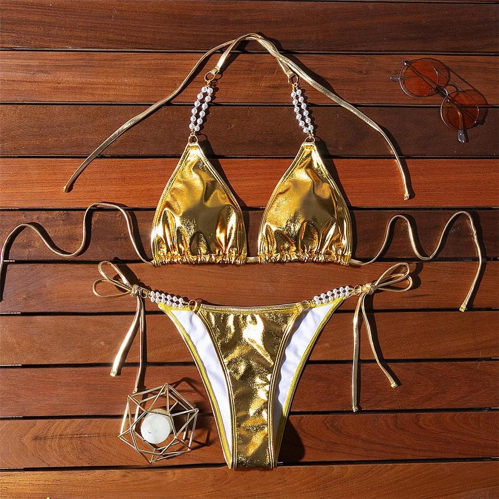 Sexy Pearls Halter PU Faux Leather Bikini Female Swimsuit Women Swimwear Two-pieces Bikini Set Bather Bathing Suit Swim