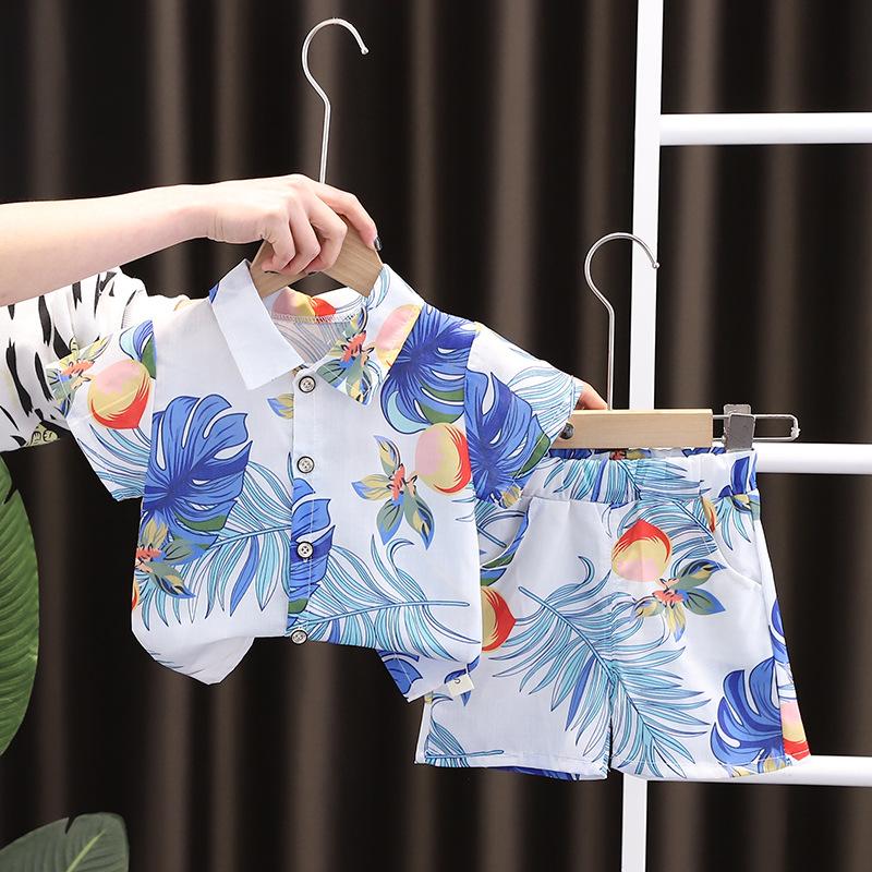 Children's Summer Full Print Leaf Flower Standing Neck Shirt Short Sleeve Set
