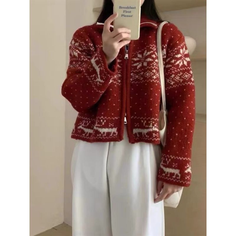 New Fall Women's Clothing Vintage Style Heavy Industry Stand Collar Zipper Knitting Cardigan Snowflake Embroider Sweater Long Sleeve Outwear
