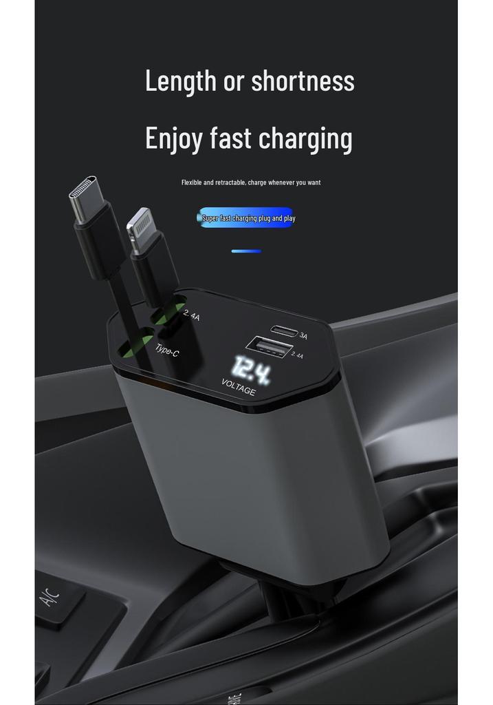 Super Fast Car Phone Charger with Retractable 4-in-1 Cable and Cigarette Lighter Socket for Apple Devices