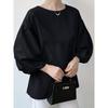 Sweet Summer K-style Fashion Solid Color round Neck Loose Cotton Lantern Sleeve Shoelace Half-Sleeve Shirt Tops Women