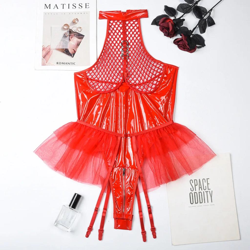 Hollow Out PU Latex Leather Mesh See Through Open Crotch Bodysuit for Womens Sexy Underwear Lingerie Set Erotic Costumes