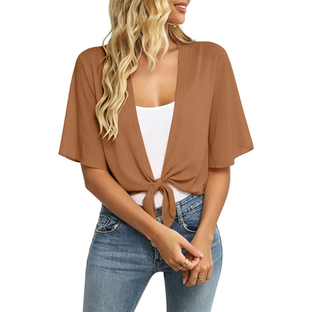 Cardigan da Donna a Maniche Corte con Nodo Frontale Leggero Aperto Vestibilità Larga Kimono Blusa Casual Top per l'Uso Quotidiano