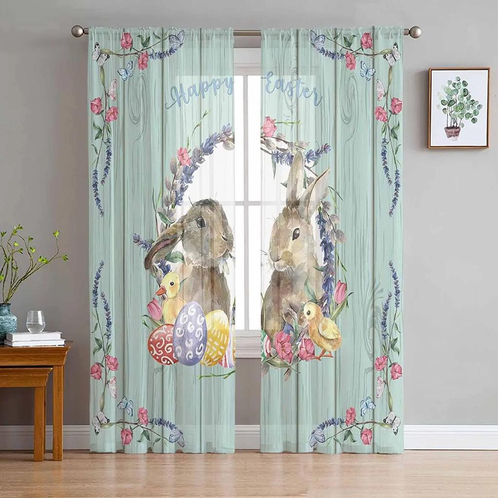 Sheer Easter Window Curtains Bedroom Living Room Egg Bunny Spring Flower Chiffon Voile Drapes Curtain Made Of Polyester Washable Sitting Ready