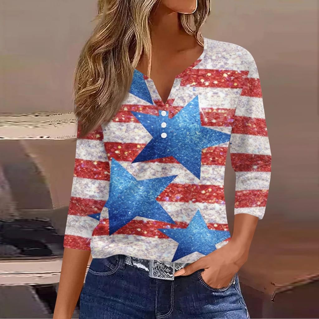 Women's Fashion Casual Independence Day American Flag Stars and Stripes Print Collar V-Neck Three-Quarter Sleeve Decorative Button-Up T-Shirt Top