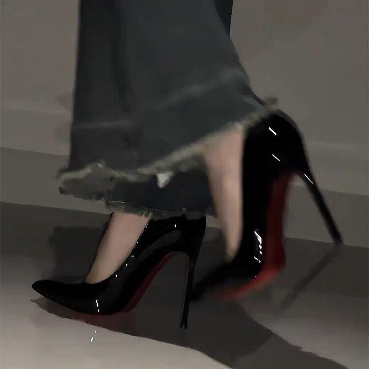 Tacchi alti con suola rossa da donna tacchi sottili nero spazio laterale con strass temperamento celebrità nudo punta nuova