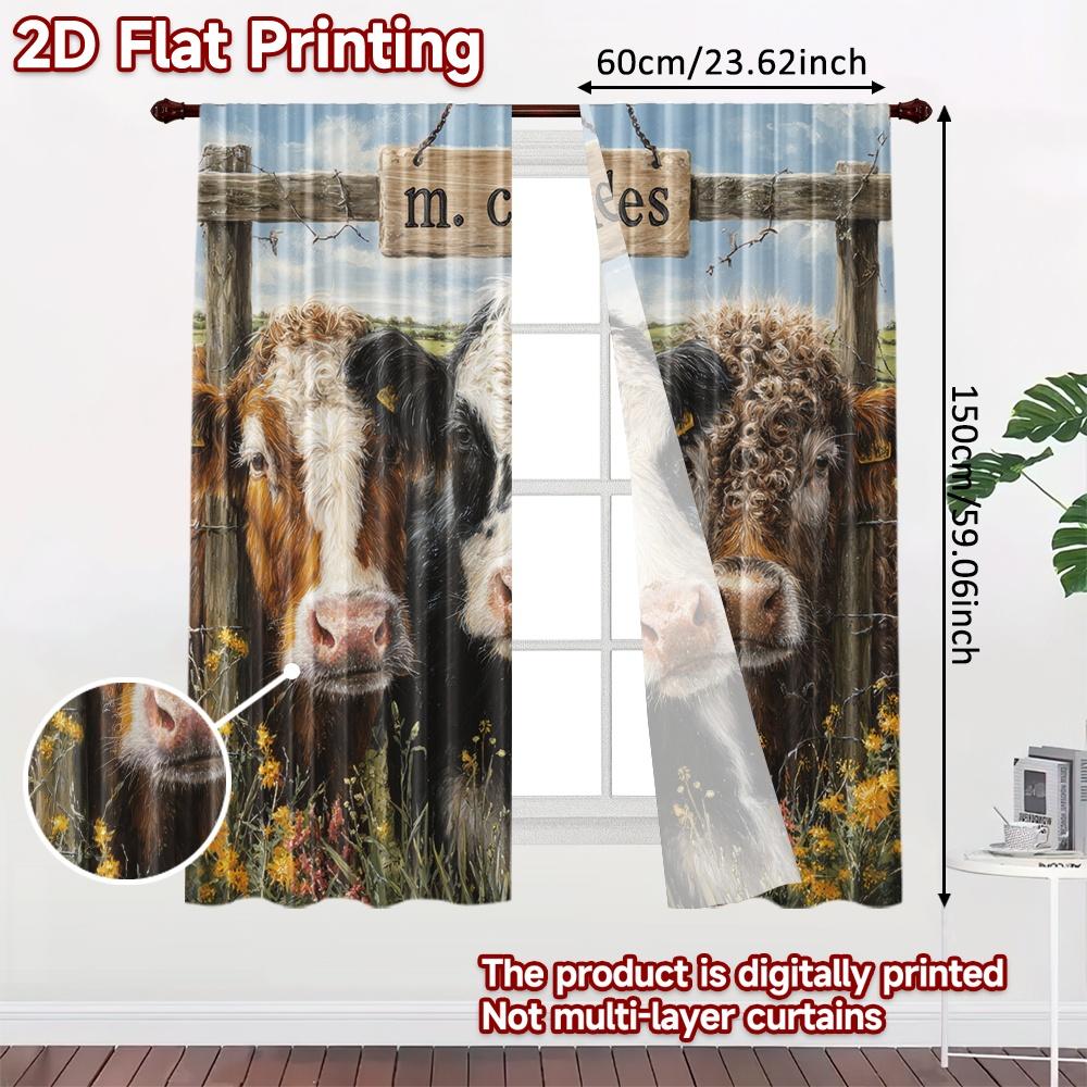 2pcs, 2D FLAT PRINTING Curtains (Without Rod) Curious Cows Holiday Curtains Versatile Durable Polyester Curtains Versatile All