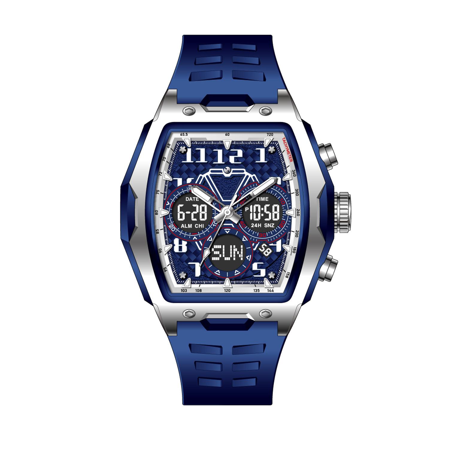 Multifunctional Sports Large Dial Fashionable Luminous Waterproof Alarm Clock Wine Barrel Double Display Men S Watch Men