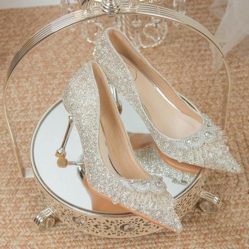New Sequined Rhinestone Flower High Heels for Bridesmaids, Engagement Shoes, Slim Heels, Non Tiring Feet, Banquet Pumps Shoes