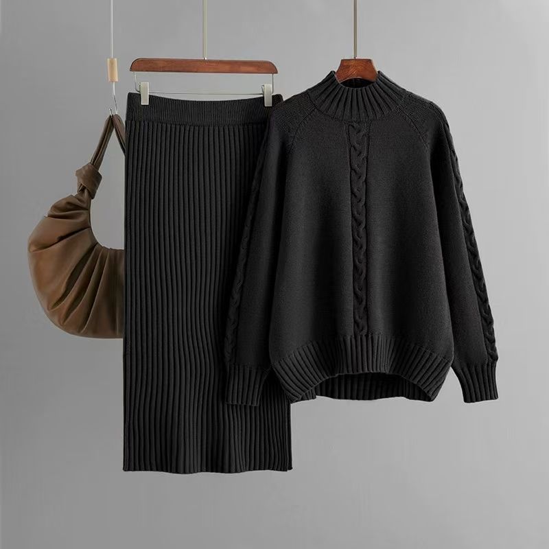 

Fashion Wind Knitting Mock Neck Sweater Skirt Suit Knitted Sweater and Skirt Set Black One size