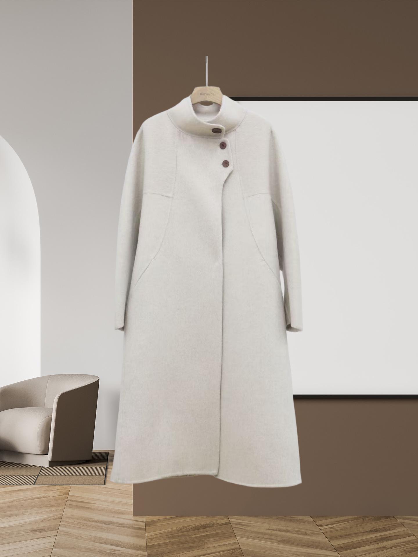 

Women s Wool A-line Coat with Stand-up Collar and Irregular Placket One Size