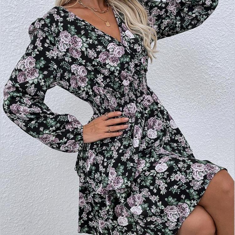 Casual V-Neck Puff Sleeve Floral Print A-Line High Waist Short Dress Women Black S-XL