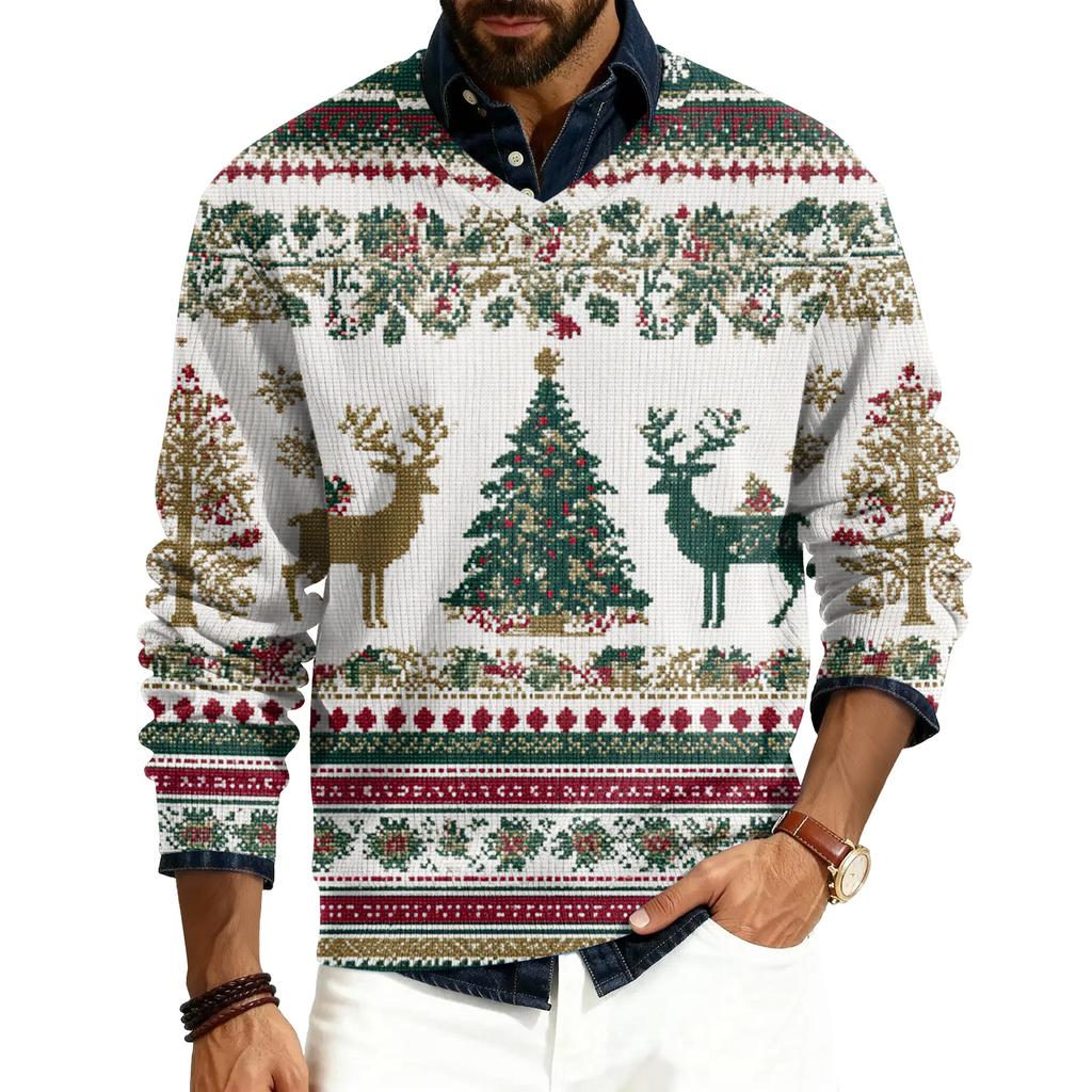 Men's V-neck Long-sleeved Ribbed Knit Pullover