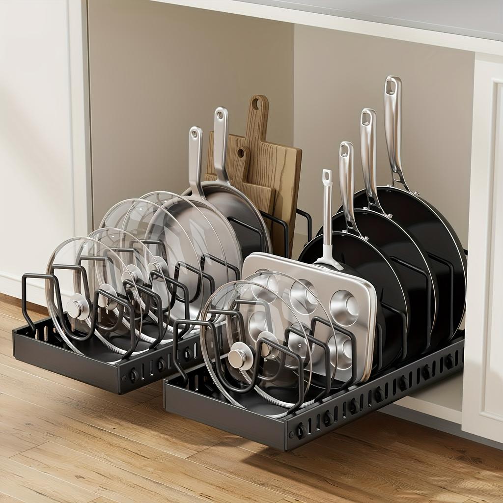 Pull Out Pot Lids Organizer Rack, 2pcs Pots and Pans Organizer for Under Cabinet, Pot Lid Holder with 8 Adjustable Compartment for Kitchen Cabinet