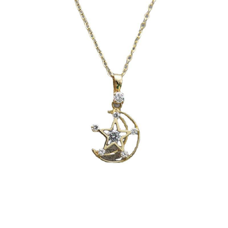 Xin Zhe Mei S925 Gold Plated Sterling Silver Necklace with Zirconia Star and Moon Pendant - Elegant Collarbone Chain
