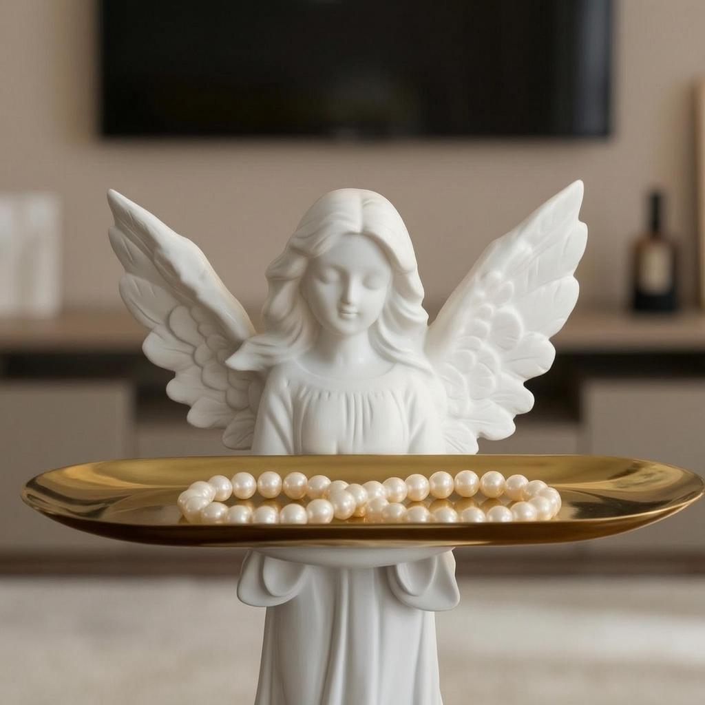 Angel Statue with Tray Angelic Figure Sculpture Decorative Decor for Vanity, Dresser,