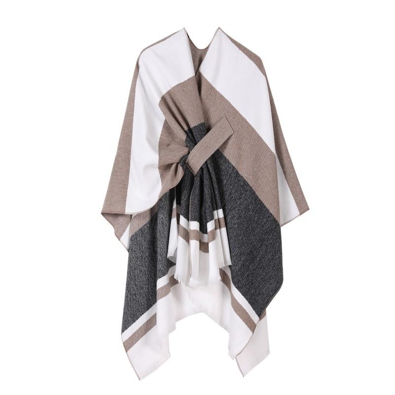 Womens Knitted Faux Cashmere Shawl Wrap With Contrast Stripe Trim Unisex Lightweight Warm Scarf Fall Winter